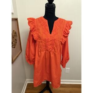 Sunday Up - Orange Ruffle Preppy Embroidered Dress Long Sleeve Sunday Church LG